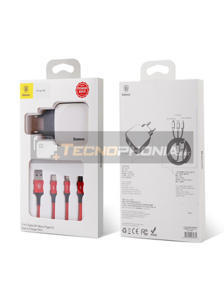 Cargador Baseus Letour TZCL-D92 + cable USB 3 en 1 microUSB, Lightning, USB Type-C